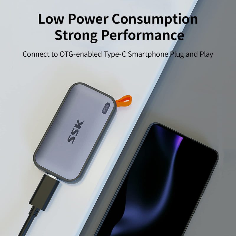 SSK Portable SSD 250GB External Solid State Hard Drive USB C Up to 1050MB/s | USB3.2 Gen2 A&C Cable, SMART & TRIM, 4KHDR ProRes, LED Light, OTG, iPhone 15/16/17Pro Wide Compatible, Aluminum