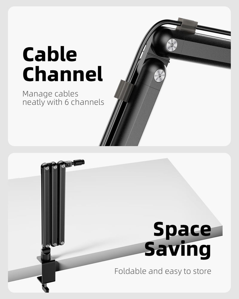 TODI Mic Arm for Lightweight Mics, Microphone Arm Rotatable, Storable Desk Mic Stand for Bear 3LB with Mount Clamp, Mic Stand Boom Arm with Cable Channel with 3/8'' 5/8'' Thread for Podcast, Gaming Black