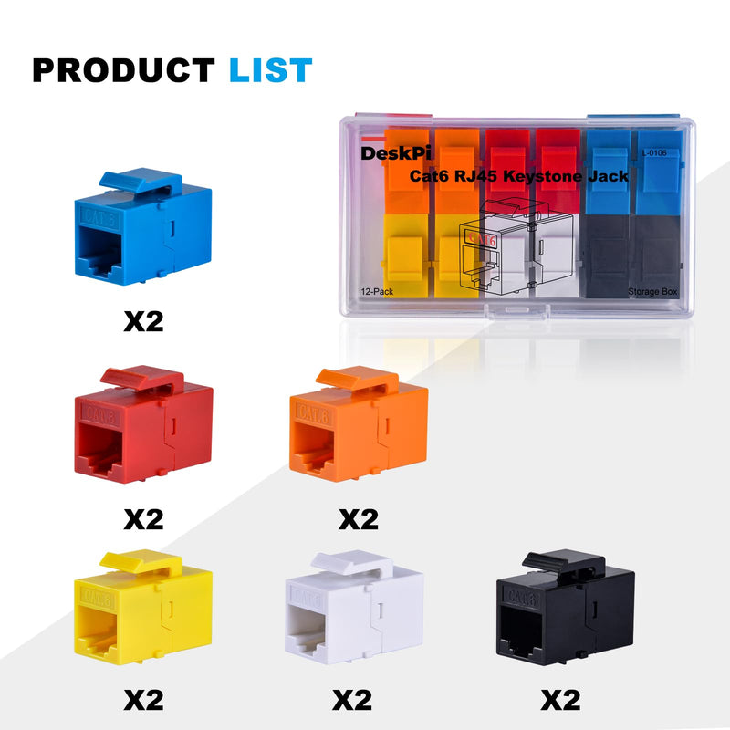 GeeekPi 12-Pack Cat6 RJ45 Keystone Jack Insert, Ethernet Keystone Jack for Patch Panel, Multicolor