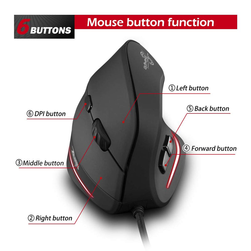 Zelotes T20 Vertical Mouse, Wired Ergonomic Mouse, 3200DPI,6 Buttons, LED Optical Mouse Mice for Computer, Laptop, PC – Black