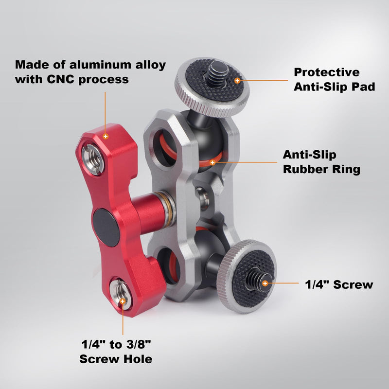Dual Ball Head Camera Mount with 360 Degree Adjustment - Aluminum Alloy Clamp for Insta360/GoPr0/Camera Cage/LED Light/Microphone - 1/4" & 3/8" Screw Holes with Anti-Slip Design 61013