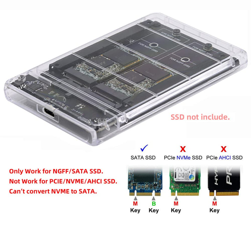 cablecc Dual NGFF B+M-Key M.2 SSD Card JOBD Raid0 Span Bridge to USB3.0 Type-C USB-C 2.5inch SATA Combo Enclosure Dual NGFF B+M-Key to USB3.0 SATA Enclosure