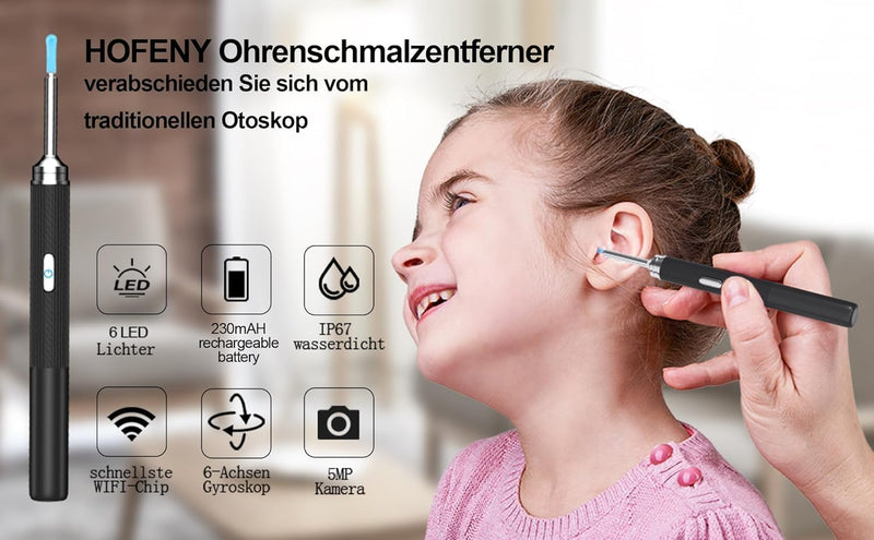HOFENY Ear Wax Remover Otoscope, 5MP HD Ear Cleaner with 360° Wide Angle Ear Endoscope, WiFi Ear Cleaner Camera with 6 LEDs, Ear Endoscope Ear Cleaning Ear Mirror for Android/iOS/Harmony