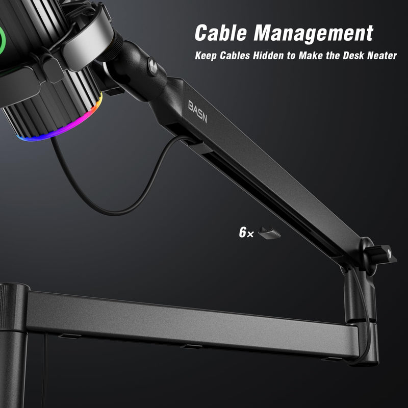 BASN Low Profile Mic Arm, Microphone Boom Arm Stand with Desk Clamp - Rotatable & Storable Design, Cable Management Channel, 3/8" to 5/8" Thread Adapter for Podcast, Gaming, Streaming, Vocal Recording