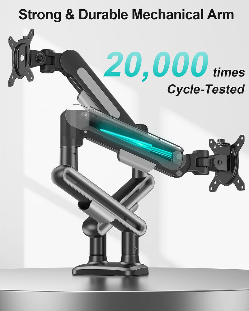 MOUNT PRO Dual Monitor Desk Mount, Pneumatic Monitor Arms for 2 Monitors Max 39 Inches, Adjustable Dual Computer Monitor Stand Each Arm Holds up to 26.5lbs, VESA Mount with C Clamp & Grommet Base Max 39"