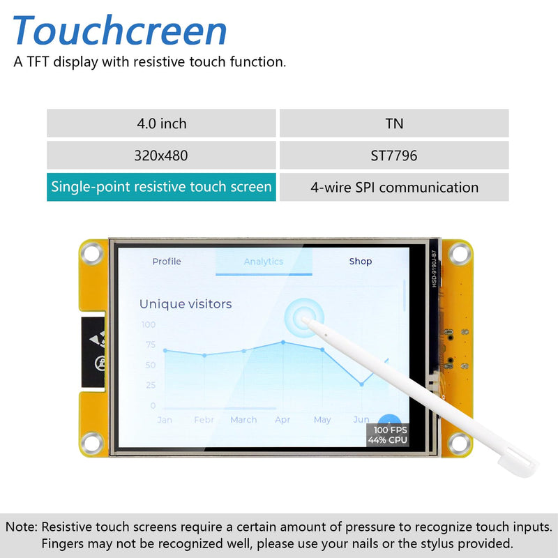Freenove ESP32 Display CYD, 4.0 Inch Touchscreen Monitor, 320x480 Pixel TN TFT LCD Screen ST7796 Driver, Dual-core 32-bit 240 MHz Microcontroller WiFi+BT, C Code LVGL Example Projects Tutorial 4.0 Inch ST7796 TN Touch