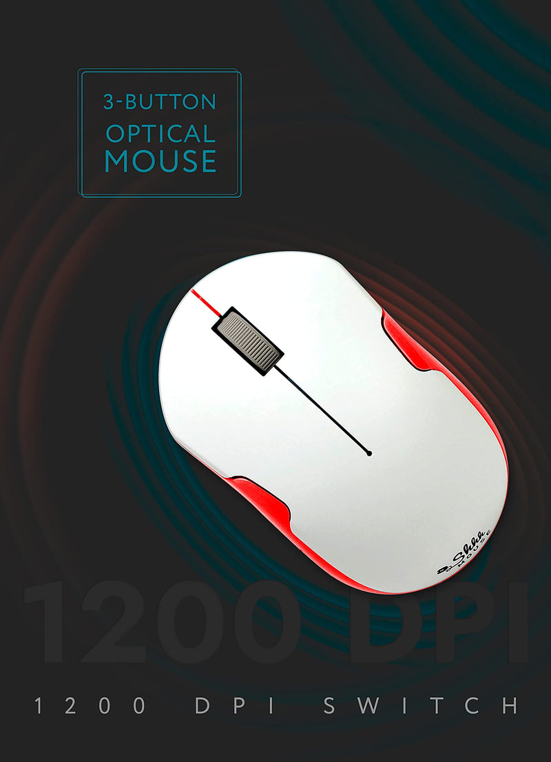 ShhhMouse Wireless Silent Noiseless Clickless Mobile Optical Mouse with USB Receiver and Batteries Included, Portable and Compact, for Notebook, PC, Laptop, Chromebook, Computer, MacBook (White/Red) White/Red