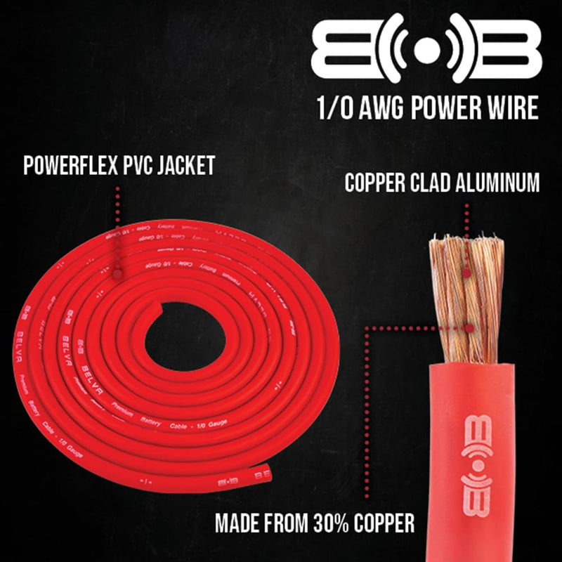 Belva Complete 1/0 Gauge 2-Channel Copper-Clad Amp Wiring Kit [RED] with 2-Channel RCA Interconnects [BAK02] | With 2-Channel RCA Interconnects [BAK02] Red 1/0 Gauge | 2-Channel