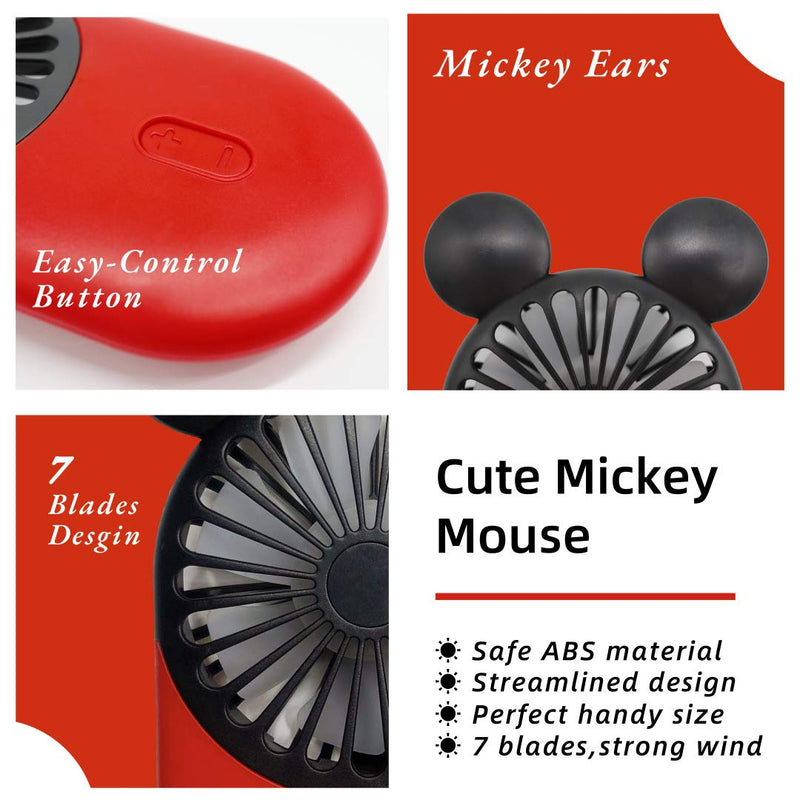 DecoLife Cute Personal Mini Fan, Handheld & Portable USB Rechargeable Fan with Beautiful LED Light, 3 Adjustable Speeds, Portable Holder, Perfect for Indoor Or Outdoor Activities, Cute Mouse Red