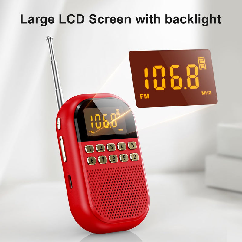 [AUSTRALIA] - Pocket AM FM Radio:1100mAh Rechargeable Radio Supports Bluettoth, Mini FM AM Receiver with Large Speaker, Stereo Earphone, Sleep Timer, Easy to use for Jogging, Walking Red 