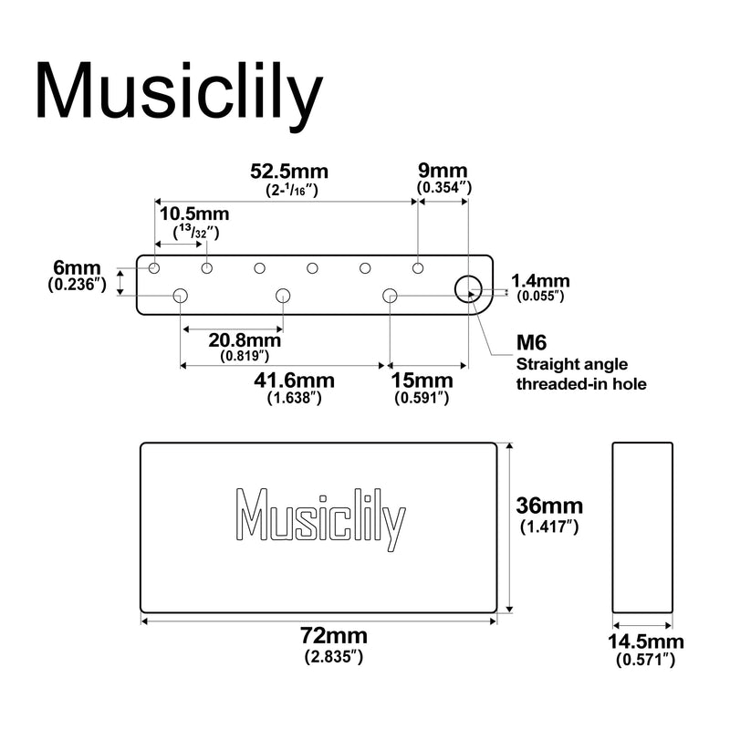 Musiclily Ultra 52.5mm (2-1/16 inch) Full Solid Brass 36mm Short Tremolo Block for China made Squier New after 2021 Affinity 2-point Electric Guitar Bridge Solid Brass 36mm V2