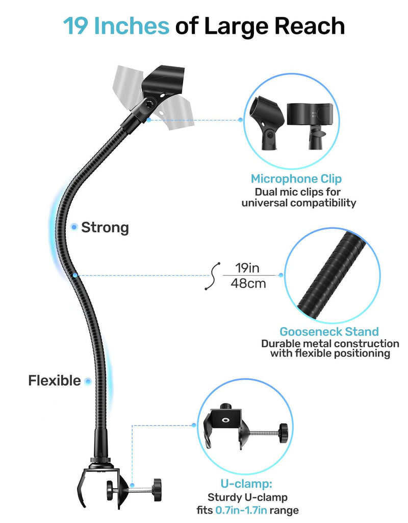 19-inch Gooseneck Microphone Holder Stand, Flexible Mic Arm with Super Crab Clamp for Mic Stand/Desk/Rod/Pole/Stick/Shelf/Tube Clamping, Ideal for Music Stand, Piano, Drum Recording