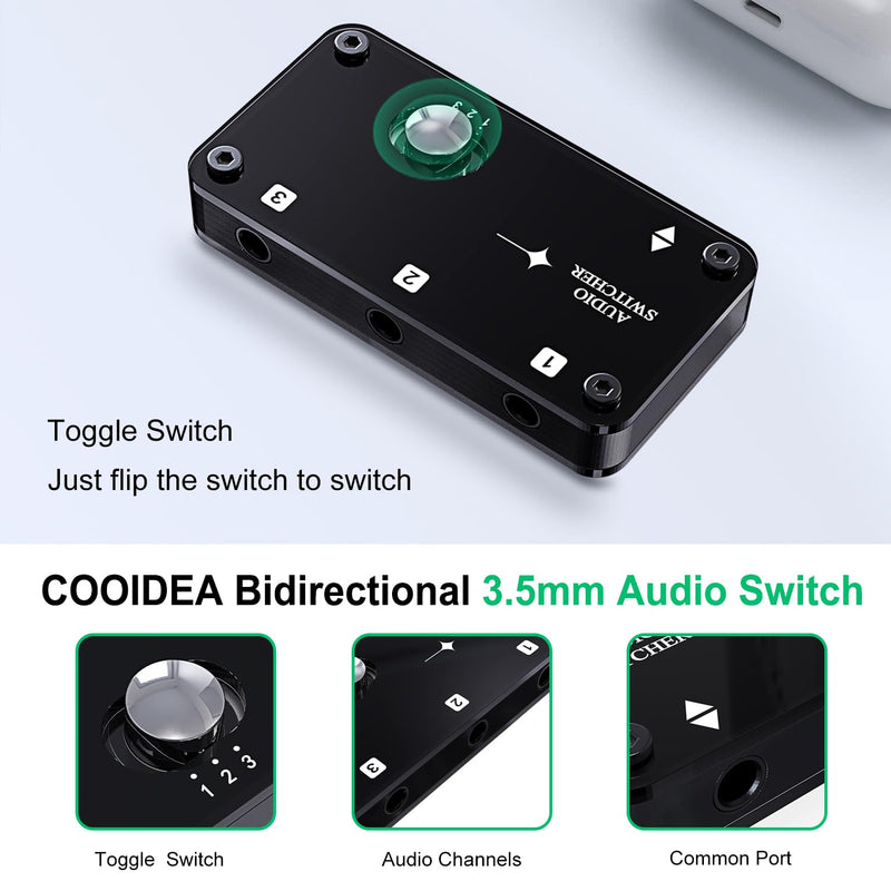 COOIDEA 3.5mm Stereo Audio Switcher Support 1 in 3 Out or 3 in 1 Out with 3.5mm Audio Cable, 3 Ports AUX Audio Speaker Selector for PC Phone Laptop Headphone