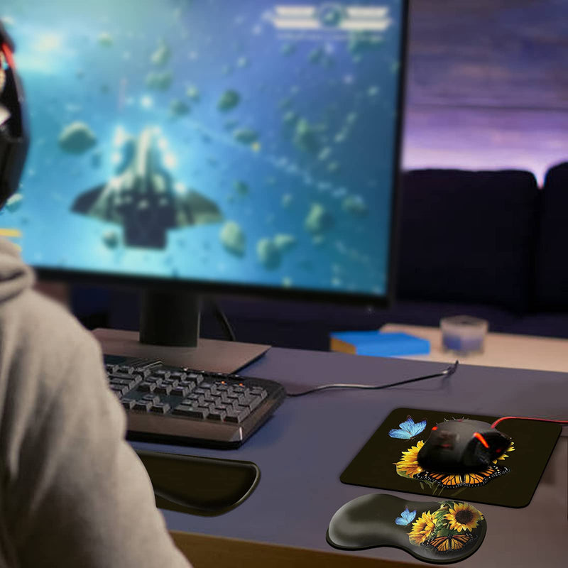 Keyboard Wrist Rest + Mouse Pad + Mouse Wrist Rest Support Set + Coaster, Ergonomic Memory Foam Mouse and Keyboard Pad Set for Laptop Computer Office Home Working Gaming, Sunflower Butterfly