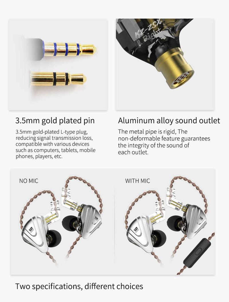in-Ear Monitors,　KZ ZSX 1DD+5BA Hybrid HiFi Stereo Noise Isolating Sport IEM Earphones/Earbuds/Headphones with Detachable Cable, Computer (Without MIC, Black) Without MIC