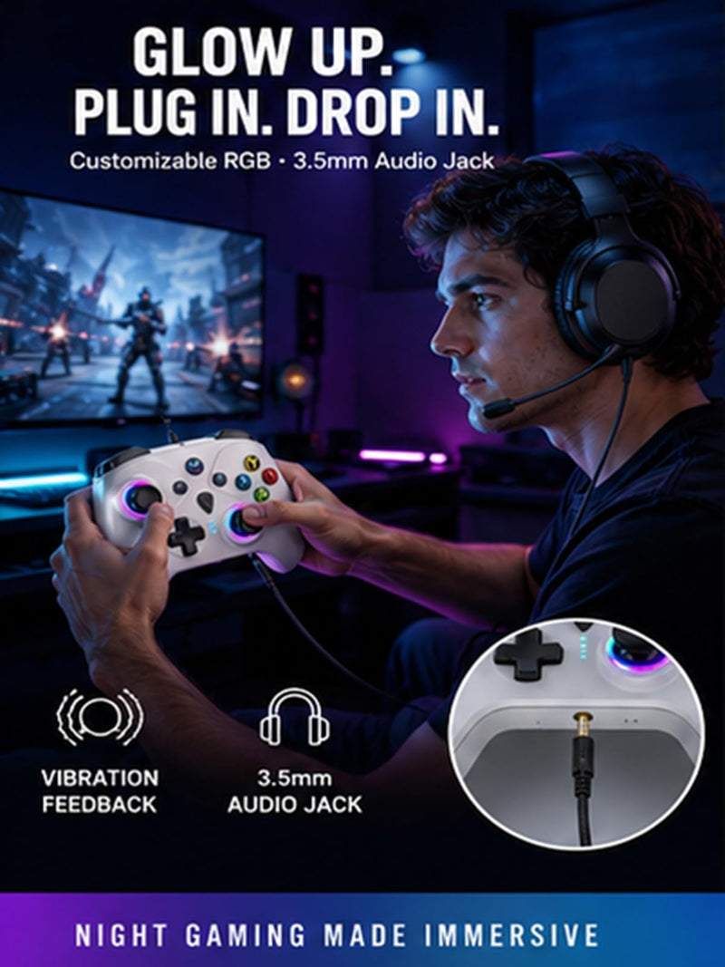 Enstixsm Wired Controller for Xbox,Turbo Macro,RGB Light,Gaming,White | No Drift Joystick,1000Hz Polling Rate,Vibration,3.5mm Audio Jack,Steam Remote Gamepad for Xbox One,Series X,S ,PC,Plug Play White