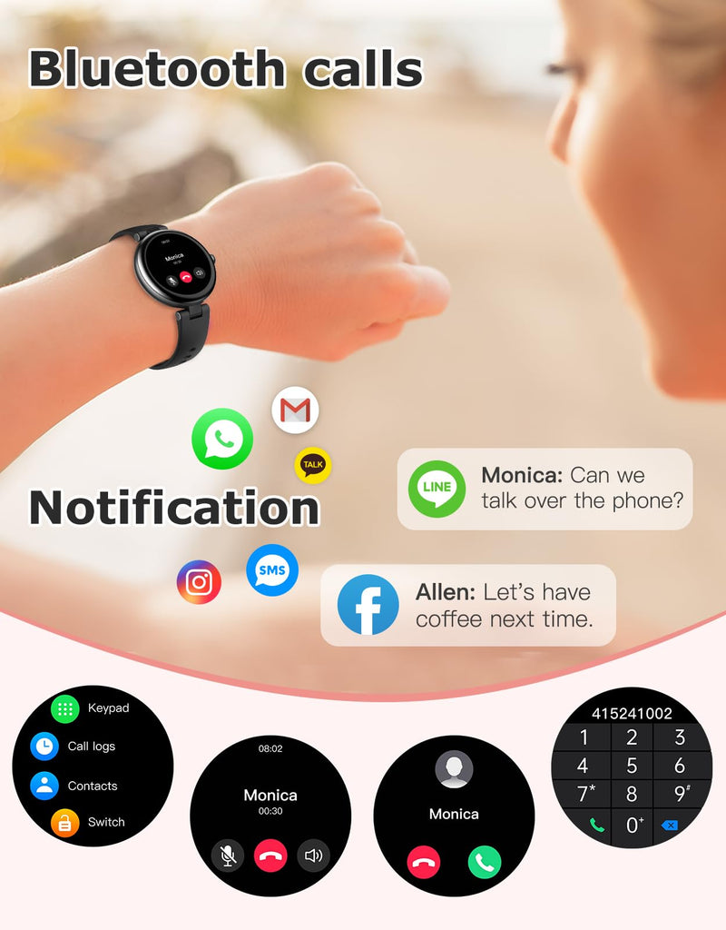 Smart Watches for Women, Round Bluetooth Call Smartwatch for iPhone Android Phones, Waterproof Fitness Tracker Watch with Heart Rate Monitor Sleep Tracker 100+Sports, Stylish Gifts for Women Black