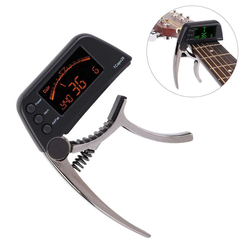 Guitar Capo Tuner, 2 in 1 Clip On Capo with Digital Tuner for Guitar and Bass Zinc Alloy Built in Tuner Chromatic Tuner with LCD Display (Plating bronze) Plating bronze