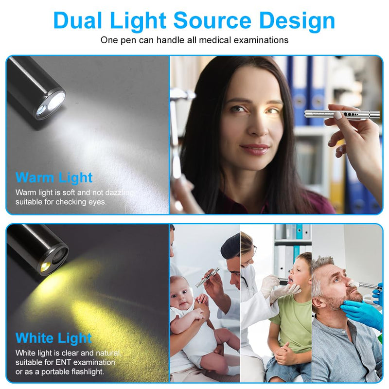 Flintronic 2 x Pupil Light Medicine, Diagnostic Light Nurse Emergency Service Accessories, with Pupil Meter & Ruler, Rechargeable USB LED Pen Lamp for Nurses, Students, Doctors 2pcs-silver