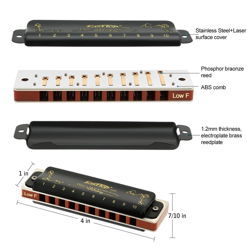 [AUSTRALIA] - East top 10 Holes Diatonic Blues Harmonica for Beginners and Professional Players with a Black Case (Key of LOW F) 