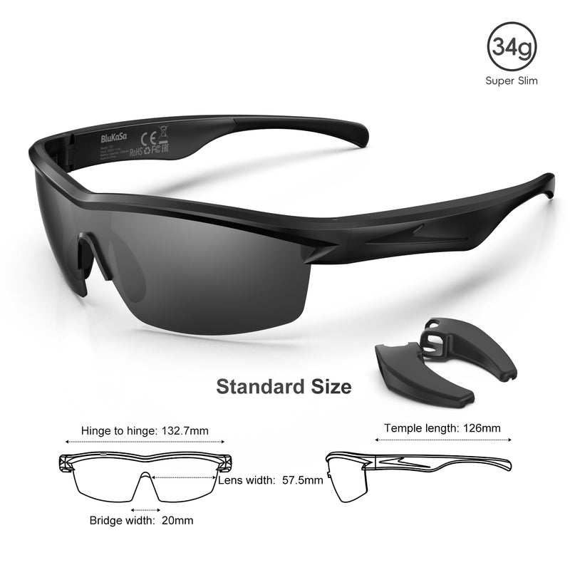 Waterproof Bluetooth Glasses for Cycling Running | UV Protection | Bluetooth Sunglasses, Smart Glasses, Polarized Lenses,Bluetooth Glasses for Women&Men, Long Battery Life, USB C Fast Charging Black Medium