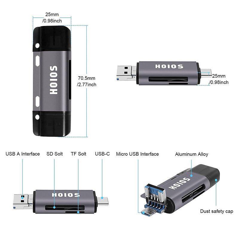 SD Card Reader USB-C,3-in-1 Memory Card Reader with Tri-Connectors, USB 3.0 Card Reader Adapter for SDXC,Micro SDXC,Compatible with Windows,Mac OS ,Linux, Android,Silver Gray