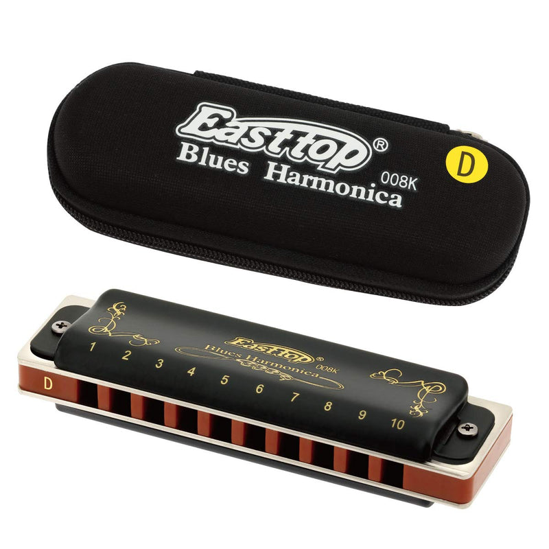 East top Diatonic Harmonica Key of D 10 Holes 20 Tones 008K Mouth Organ with Black Cover, Top Grade Harmonica for Adults, Professionals and Students Black-D