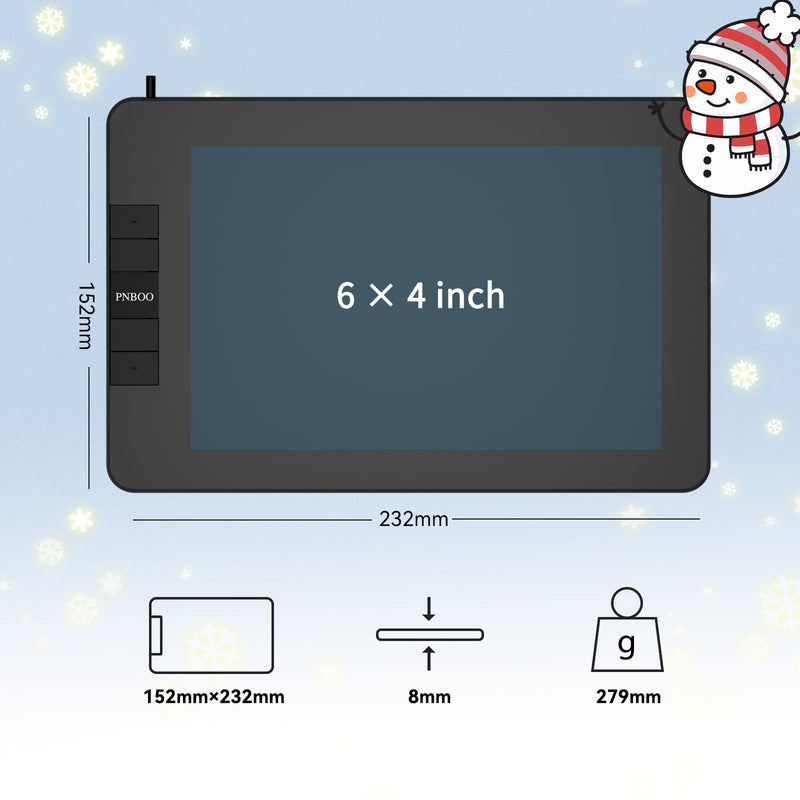 PNBOO PN640 Drawing Tablet, 8192 Professional Levels Pressure, Support Chromebook Linux Android Windows Mac, with Battery-Free Stylus, 4 Hot Keys, 6x4 Inches Active Area Small