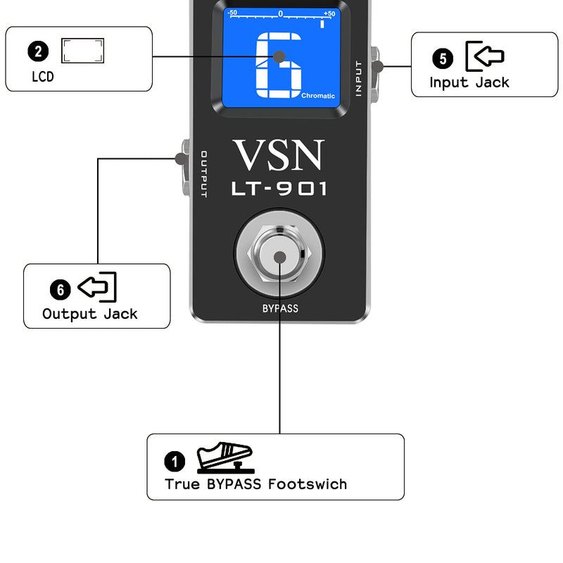 VSN Tuner Pedal,Chromatic Guitar Tuner Pedal Fast and Accuate Tuner for High Precision ± 1 Cent with Pitch Indicator for Electric Guitar and Bass True Bypass LT-901 Black Pedal Tuner