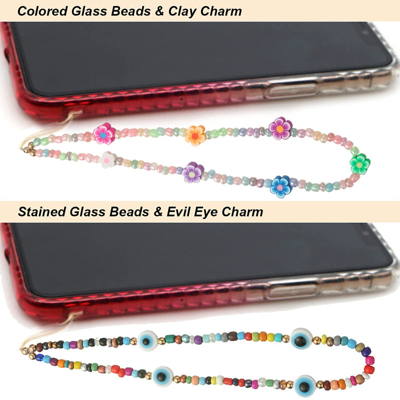 Taouzi 6PCS Beaded Phone Lanyard Wrist Strap Face Beaded Phone Charm Fruit Star Pearl Rainbow Color Beaded Phone Chain Strap for Women Girls Style6-1