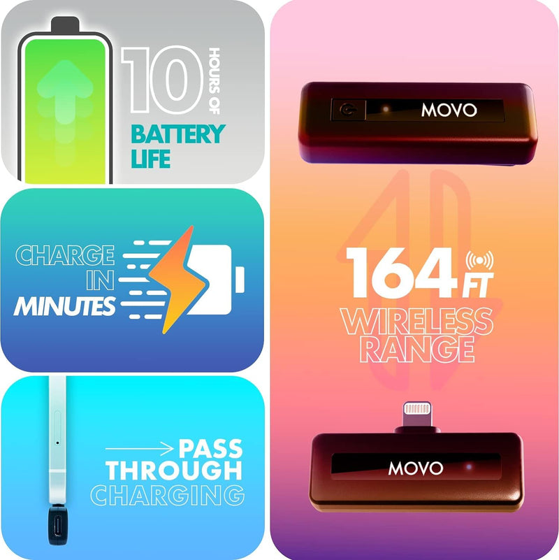 Movo Wireless Mini DI Duo iPhone Microphone for Video Recording - Wireless Microphone for iPhone with Clip on Lavalier Microphone for iPhone 10 HR Battery 164FT Range, Wireless Mic for iPhone, Black 2 Transmitters