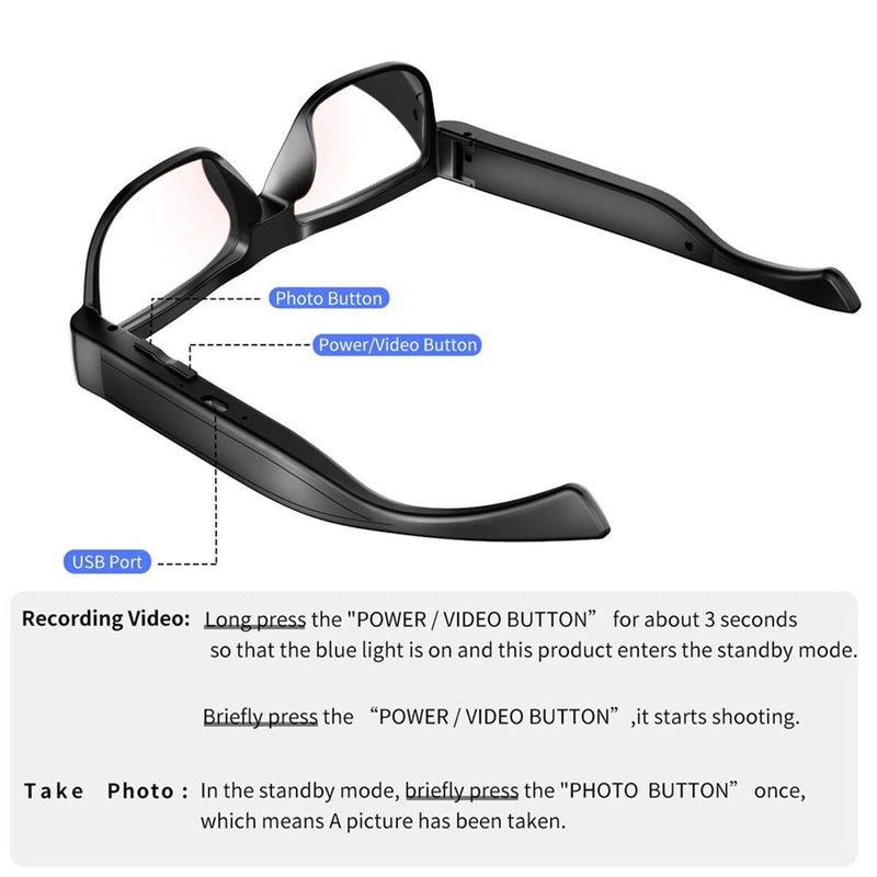 Camera Glasses Smart Video Glasses with Camera Wearable Sports Eye Glasses Outdoor Recording Motorcycle Riding Hiking Built-in 32G Memory