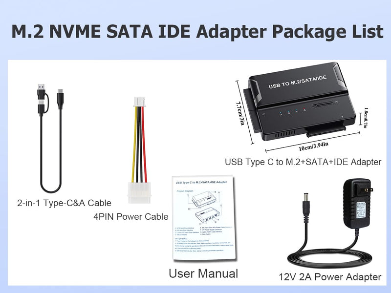 NVMe SSD Enclosure, USB to M.2 and IDE SATA Adapter Hard Drive Reader