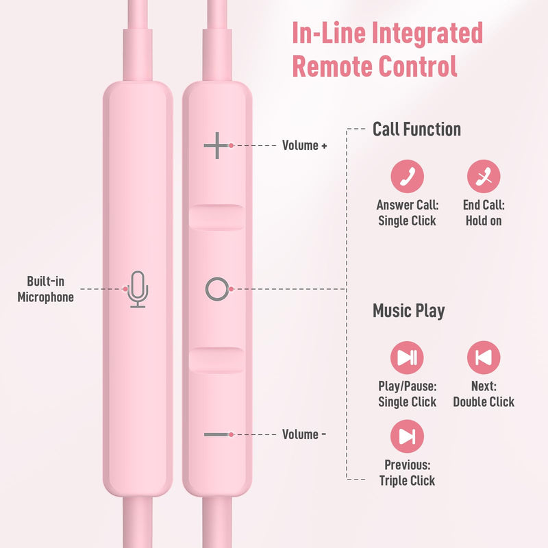 USB C Headphones for iPhone 15 Pro Max Plus iPad Air, Type C Earphones with Mic HiFi Stereo Magnetic USBC Wired Earbuds for Samsung Galaxy S24 Ultra A35 S23 Fe S22+ Flip Fold 5 Pixel 8A 8 7 Pro, Pink