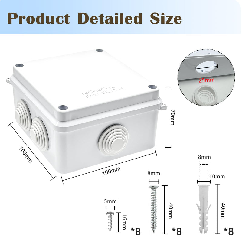 Gentpovth Pack of 2 Junction Boxes, Waterproof IP65, 100 mm x 100 mm x 70 mm, ABS Casing, Junction Box, Surface-Mounted, Distribution Box, Outdoor, Plastic Plug Screw Connection, Electrical Box