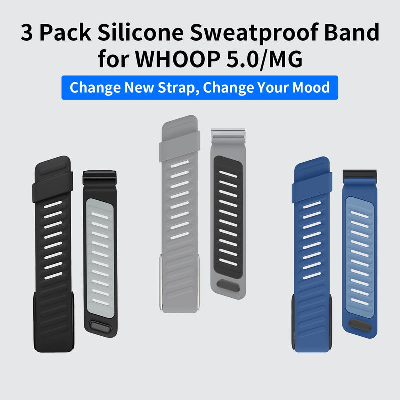 3 Pack Silicone SportFlex Bands Compatible with WHOOP 5.0/MG Band for Men Women - Soft, Breathable & Comfortable, Adjustable Waterproof Replacement Wristbands Straps- Not Compatible with Gen 4 Black Gray/Dark Blue Light Blue/Gray Black For Whoop Mg