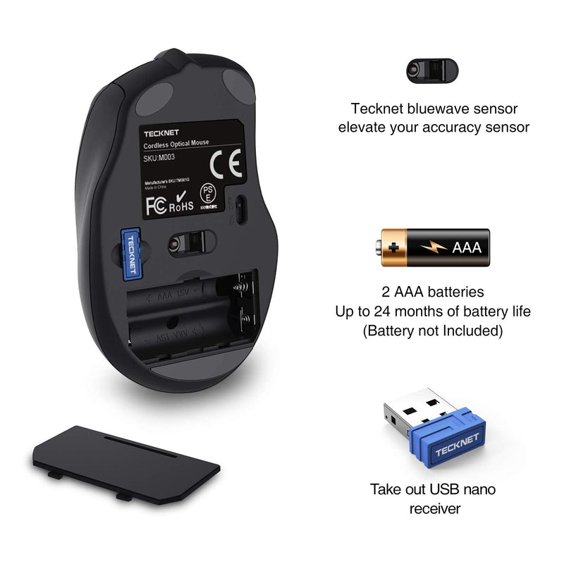 Wireless Mouse, TECKNET Pro 2.4G Ergonomic Wireless Optical Mouse with USB Nano Receiver for Laptop,PC,Computer,Chromebook,Notebook,6 Buttons,24 Months Battery Life, 2600 DPI, 5 Adjustment Levels Blue