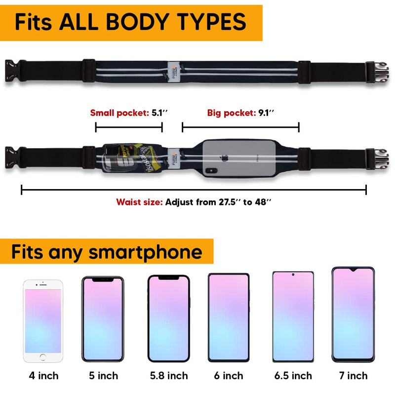 Running Belt for Women and Men, Reflective Phone Holder, No Bounce Running Fanny Pack, Waist band, Fitness Storage Belt, Reflective Runners belt, Money belt (Grey Steel + Race belt Set) Grey Steel + Race belt Set
