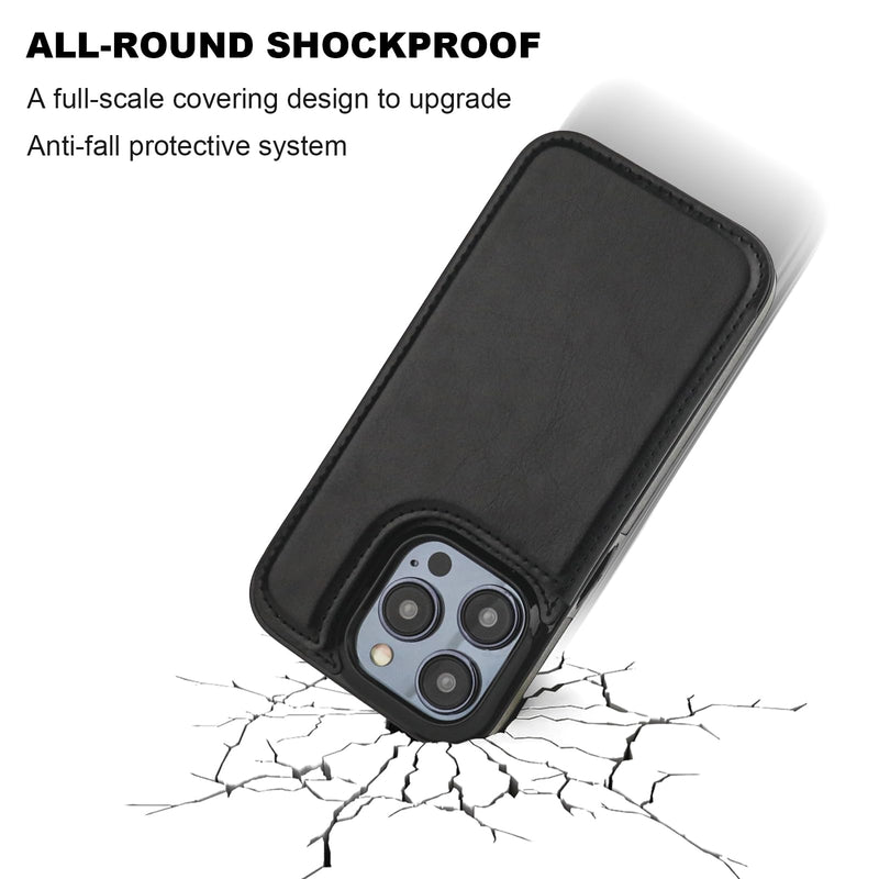 Compatible with iPhone 15 Pro Wallet Case with Card Holder, PU Leather Kickstand Card Slots Case, Double Magnetic Clasp and Durable Shockproof Cover 6.1 Inch (Black) Black