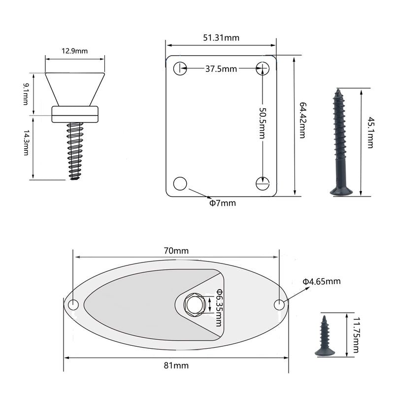 1/4"(6.35mm) Black Oval Guitar Input Output Jack Plate Socket,Guitar Neck Joint Ferrules Bushings with Screws for Fender Strat Tele Guitar or Bass,2PC Guitar Strap Buttons with Strap Blocks