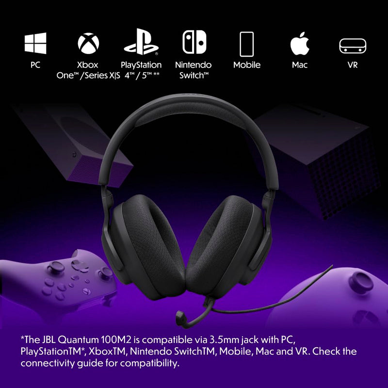 JBL Quantum 100M2 Wired Gaming Headset, Detachable Mic - Black | Memory Foam Ear Cushions And 3.5 Mm Jack Work With PC, PlayStation, Xbox, Nintendo Switch For Immersive PC Gaming Sessions
