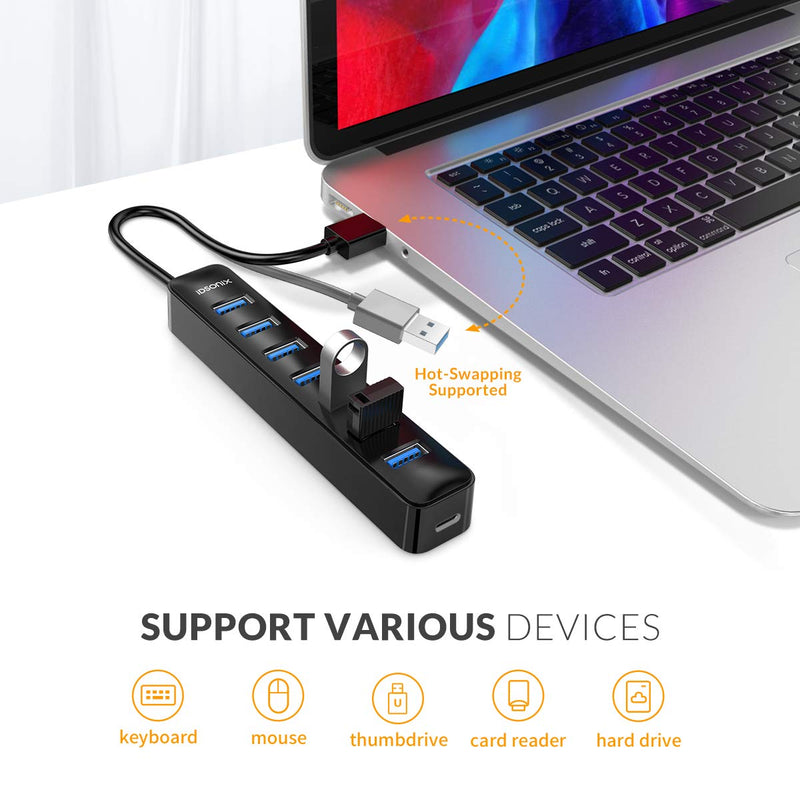 iDsonix USB Hub 3.0, 7-Port 5V / 3A Powered USB Hub, 5Gbps HighSpeed Data Transmission USB Splitter for Laptop, iMac, Surface Pro, XPS, USB Flash Drives, Mobile HDD, Printer, Camera, and More -Black BLACK