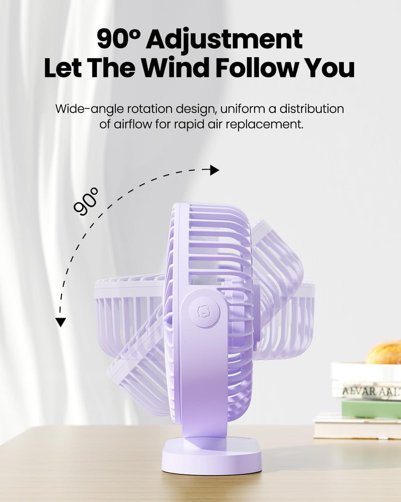 Gaiatop USB Desk Fan, 3 Speeds Powerful Portable Fan, 5.5 Inch Quiet Cooling Mini Fan, 90° Rotate Small Table Fan with 5ft Cable Personal Fan for Desktop Home Office Travel Purple