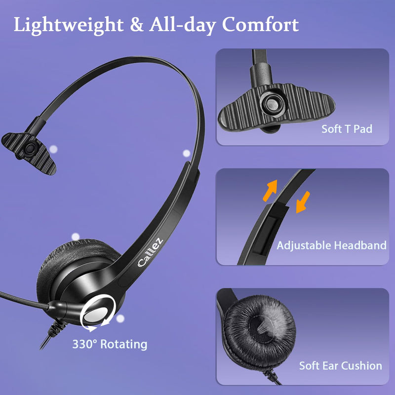 Callez RJ9 Phone Headset with Noise Cancelling Mic & Mute Switch, Corded Telephone Headset for Cisco 8851 8845 8841 8811 7965 7962 7945 7941 7841 7821 6941 6851 Plantronics M12 Office Landline Phones Black