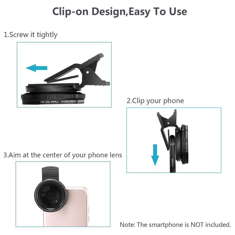 NEEWER 37mm Clip On ND2-ND400 Phone Lens ND Filter Kit: Adjustable Neutral Density Filter with Phone Clip Compatible with iPhone 14/14Pro/14Pro Max Samsung Android Smartphones iPad and More