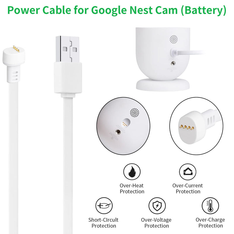 Power Adapter for Google Nest Cam (Battery), with 16.4Ft/5m Weatherproof Charging Cable Continuously Power Your Nest Cam (Battery) - White
