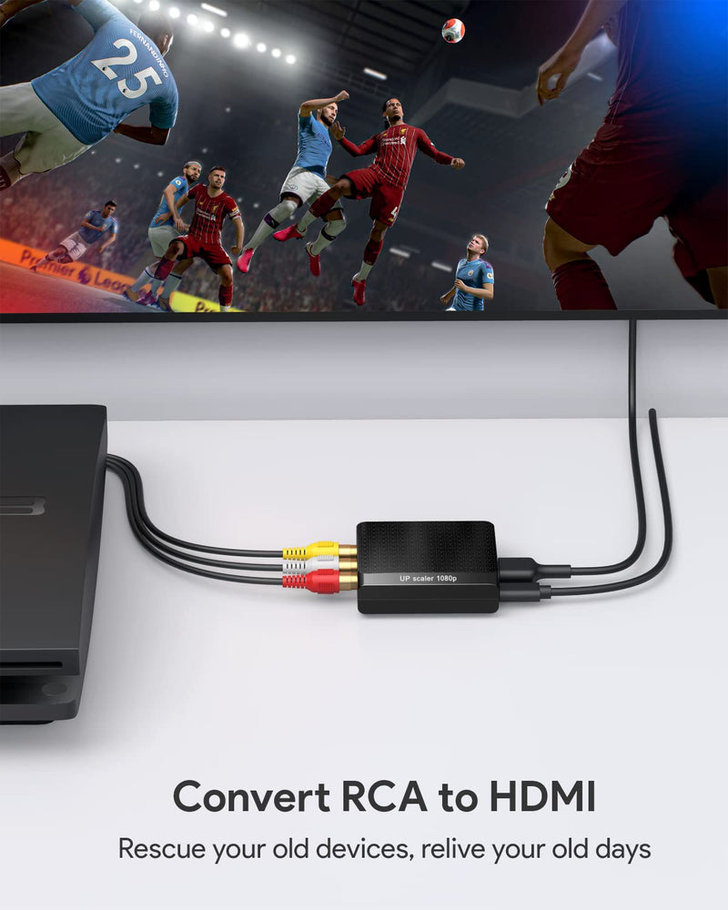 WENTER RCA to HDMI Converter, 1080P AV to HDMI Converter, Mini Composite CVBS Audio Video Adapter Supports PAL/NTSC for VCR/VHS/Xbox/PS3/STB/N64/Wii/TV/PC/Blue-Ray DVD Players RCA to HDMI Converter with RCA + HDMI cable