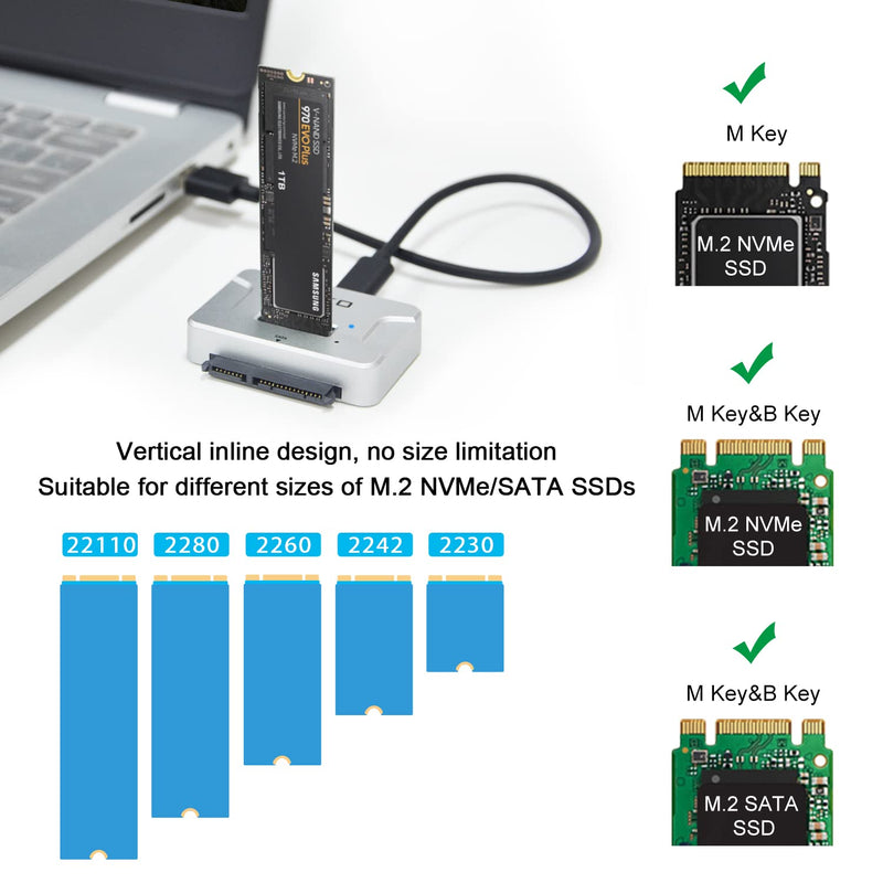 M.2 SATA/NVMe to USB Docking Station,Hard Drive Reader Adapter, External M.2 SSD Enclosure for M.2 PCIe NVMe and SATA SSDs, Compatible with SATA III HDD/SSD (M.2 Dock or SATA Adapter) | External M.2 Dock & Adapter for Both (M Key, B+M Key）,SATA Hard Dr...