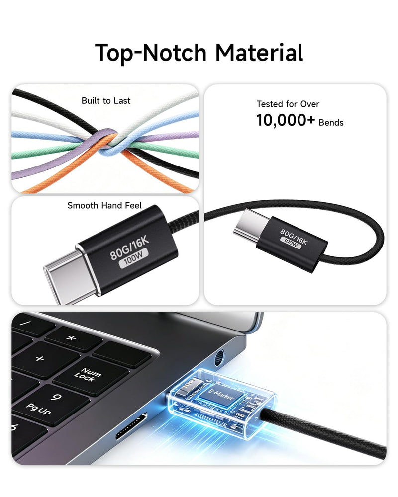 （Black,3.3FT 2Pack USB C Cable,USBC 80Gbps Data Transfer Compatible with Thunderbolt 5/4/3,Slim Connector,100W Fast Charging,16K/8K/4K HD Video Cord for Monitor,MacBook,iPhone 17/16,Docking. USB C Nylon Braided Cable Black 2Pack