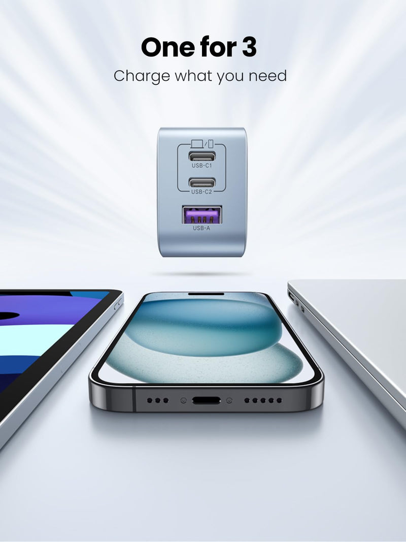 UGREEN 65W USB C Charger, Nexode 3 Ports GaN Fast Charger Block, Compact Foldable Charger for MacBook Pro/Air, Dell XPS, iPhone 15 Pro Max/14/13, iPad Pro, Galaxy S23, Pixel 7 (Glacier Blue) Glacier Blue